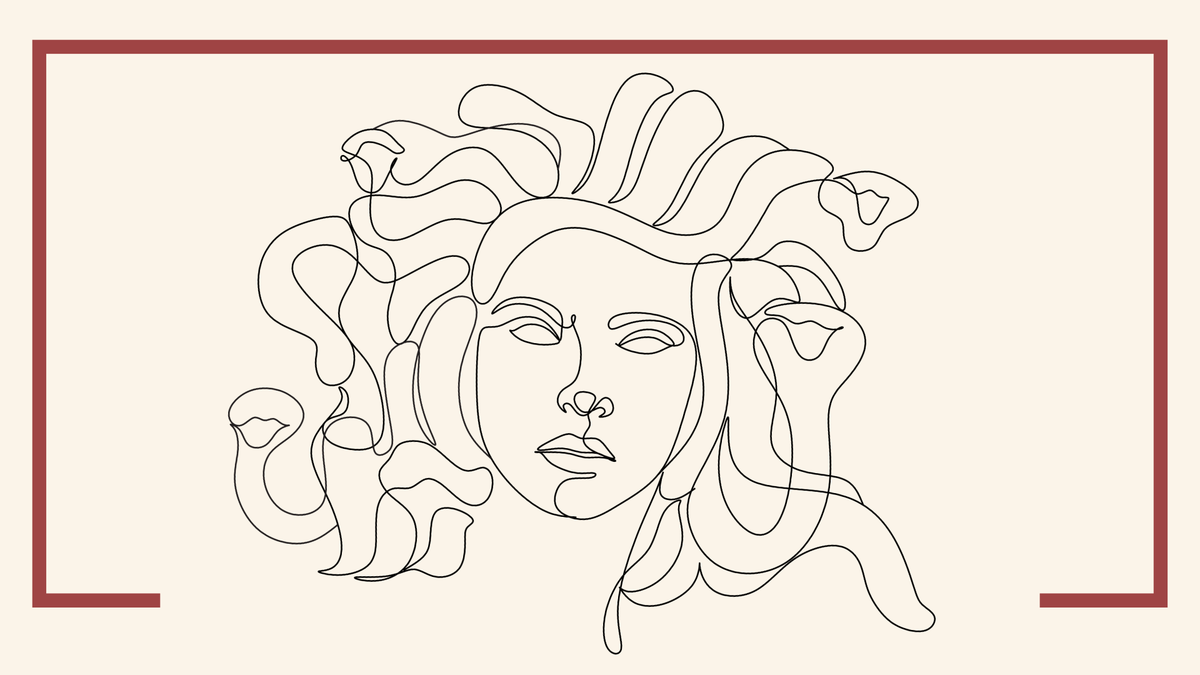 Line drawing of abstract Medusa with red ochre frame on bone colored background.