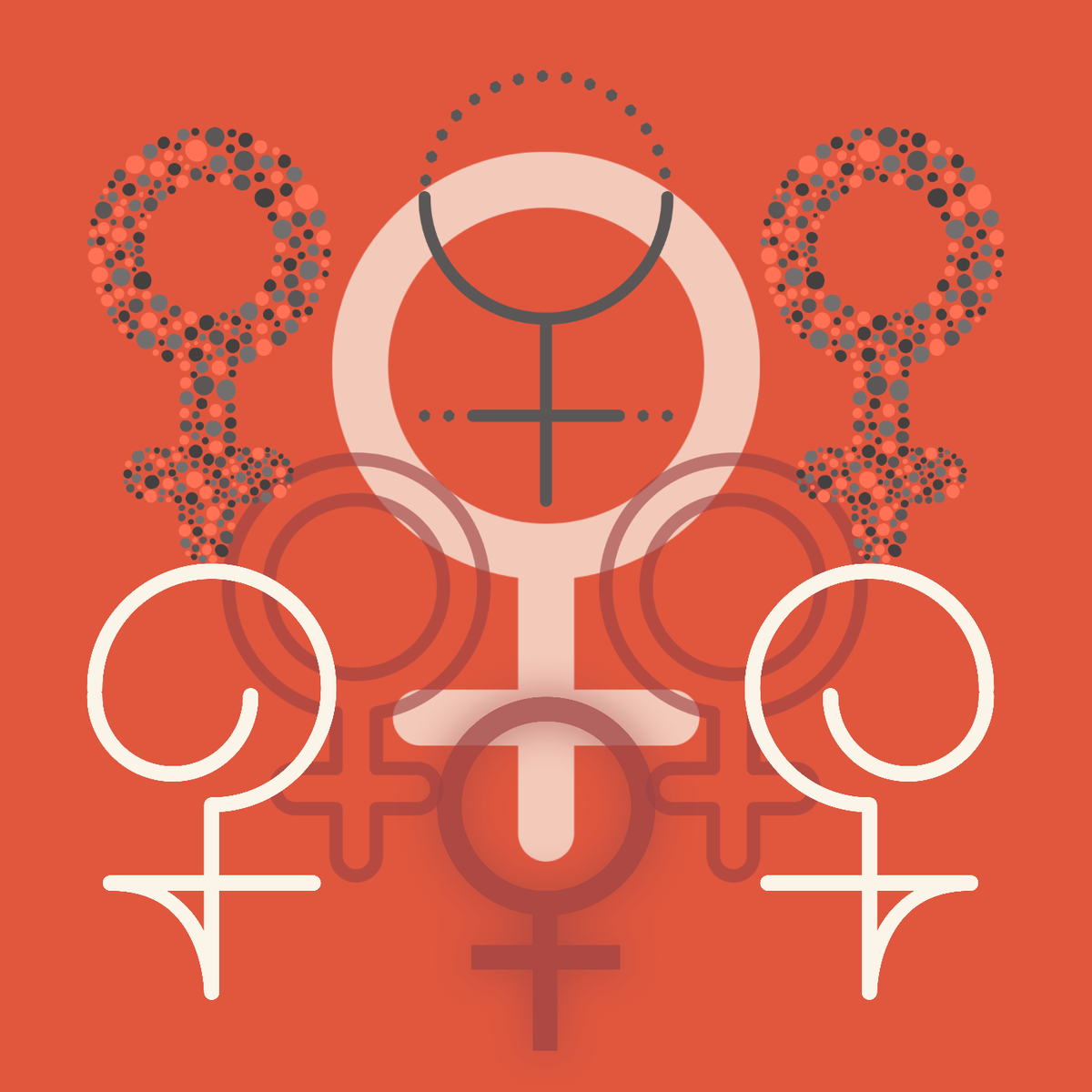 Various styles of woman/Venus symbols on a bright cherry background.
