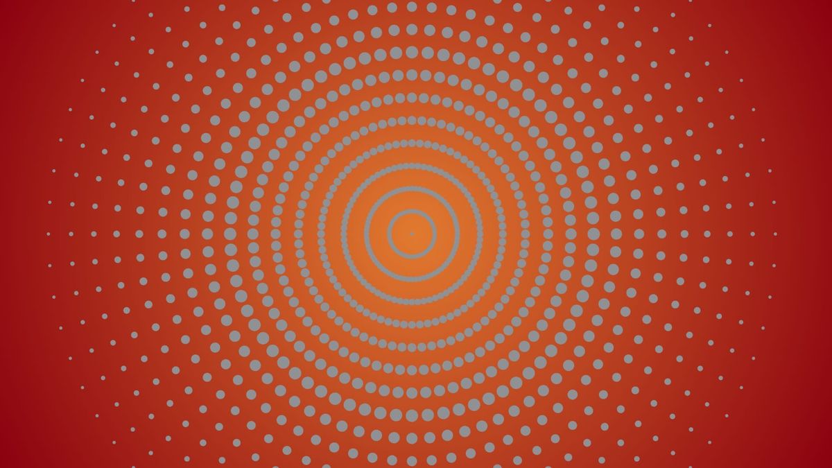 Starburst of dotted rings over a vignette with an orange center and brick red edges.