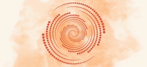 Spiral of red dots on orange and peach water color abstract background