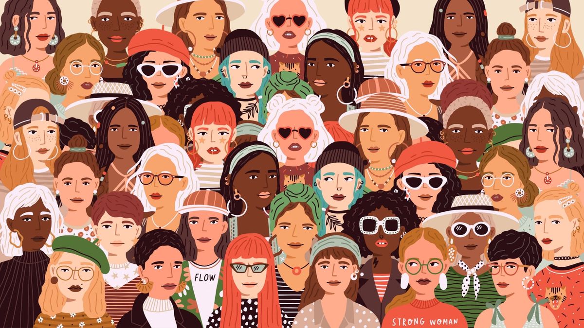 A stylized group of diverse women in many styles of clothing.