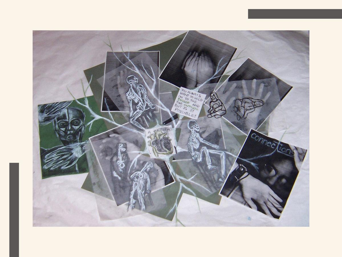 Collage with text "YOU ALWAYS WANT TO HOLD ON" and drawings of skeletons, hands, heart.