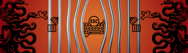 Red and orange image of broken prison bars revealing an escape key and a keyboard.