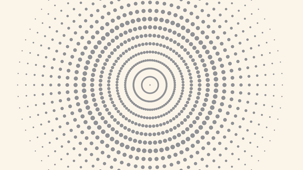Concentric circles increasing in size toward the center, composed of dots of dark gray on a bone colored background.