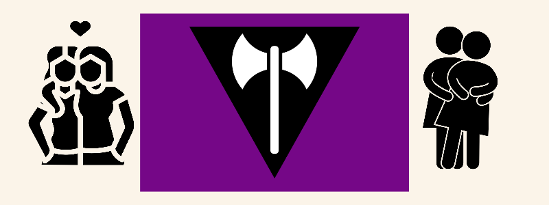 The lesbian flag with purple background, black triangle pointing down, and white labrys flanked by two minimalist figures of women embracing.