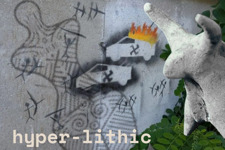 Graffiti of cave-drawing style stick figures with bow and arrow attacking Cyber Trucks 