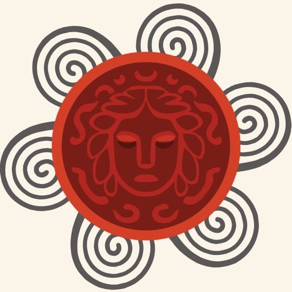 Abstract clip art of Athena's shield bearing Medusa's face with the Medusa Rising six-armed spiral behind it.