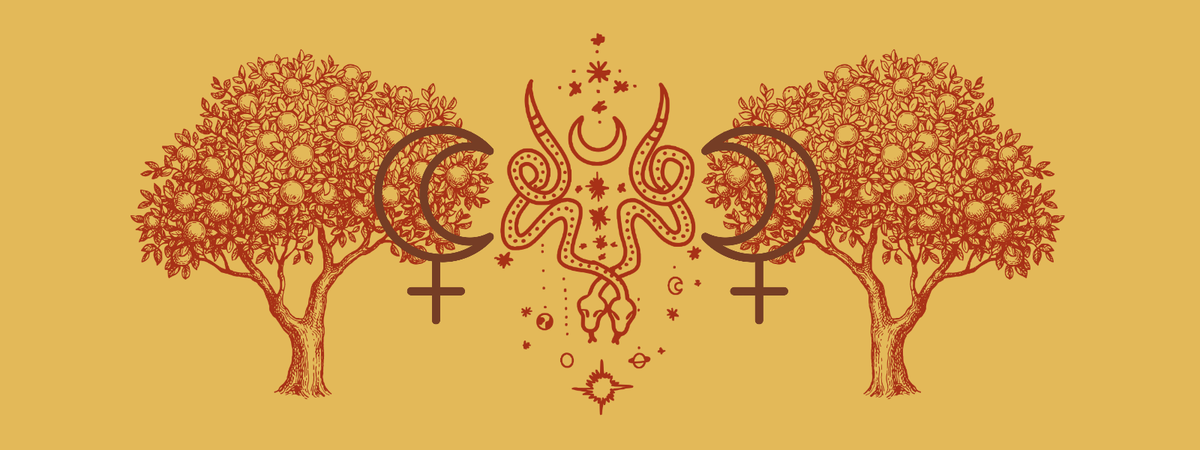 A symmetrical illustration with trees, moons, and a central serpent