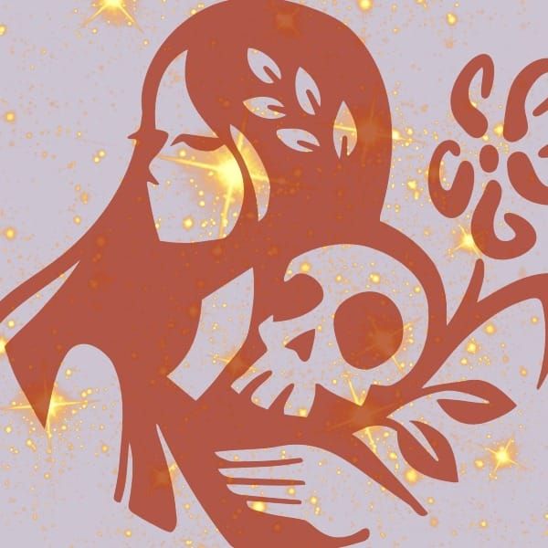 A stylized image of a woman holding a skull, surrounded by stars and glitter.