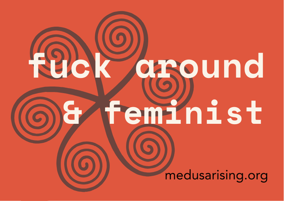 Red sticker with MR's spirals logo, URL with text reading: Fuck Around & Feminst