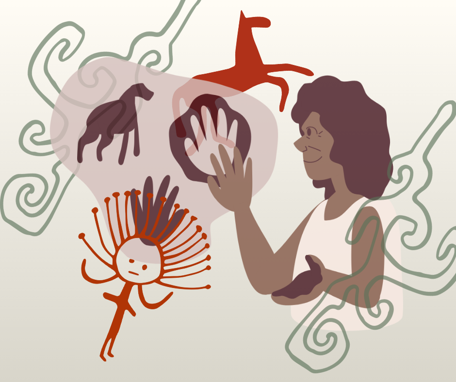 Clipart of woman creating a cave painting overlaid on Kazakh petroglyphs.