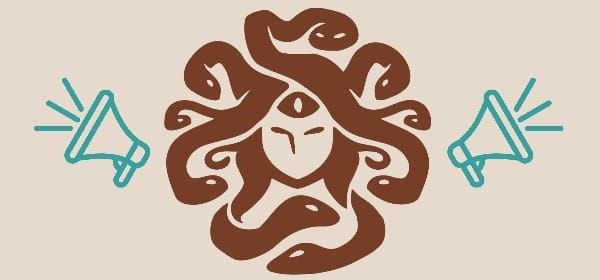 Brown, abstract Medusa flanked by turquoise bullhorns.