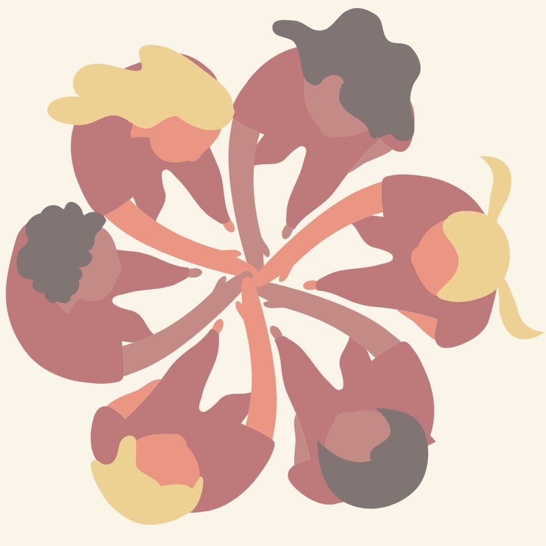 Clip art image of six people stacking hands in solidarity