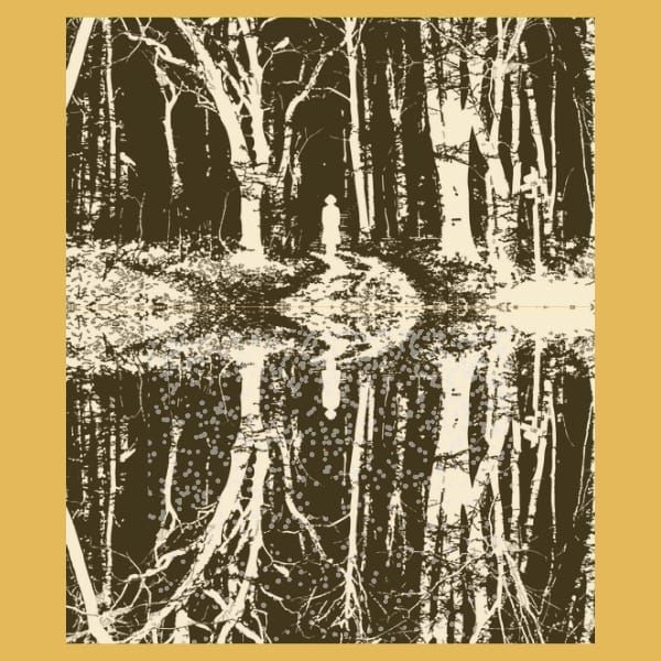 Mirror images of a girl walking a trail in the woods, the upside down image shows snow as in the Upside Down of Stranger Things