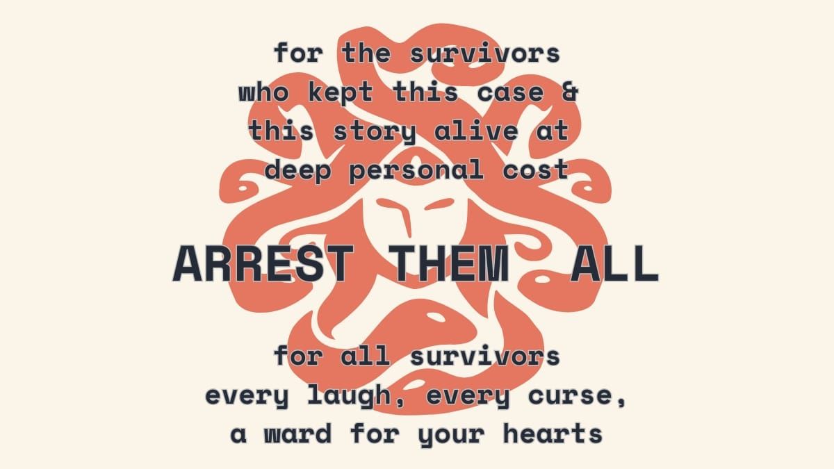 Gorgon Posse logo of Medusa's face and snakes overlaid with text: for the survivors who this case and they story alive at deep personal cost