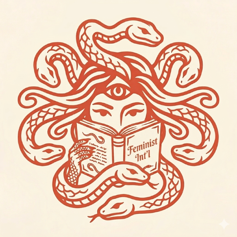 Woodcut style image of Medusa reading a book titled Feminist International