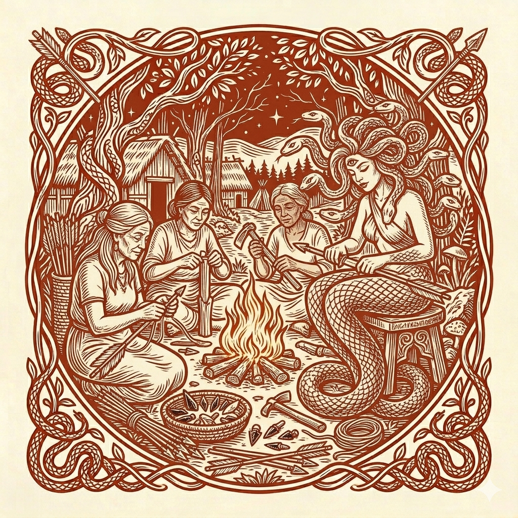 Medusa and the Tripple Goddess sit around a fire making arrows.