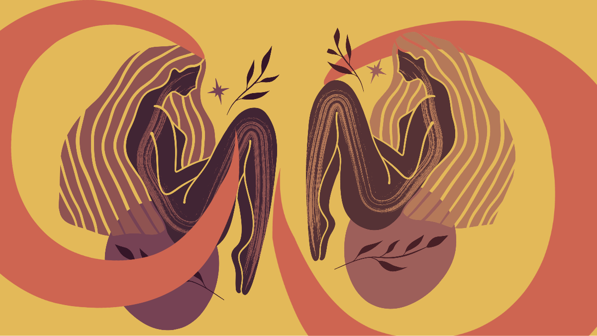 Abstract art of two mirrored women sitting facing each other in warm earth tones.