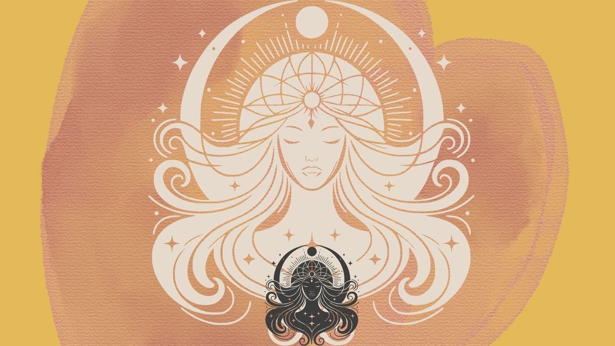Celestial woman with a bright halo above a miniature, dark shadow version of herself.