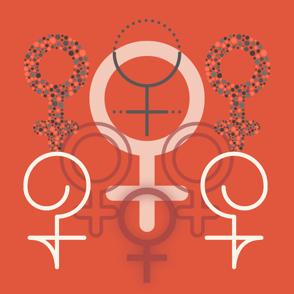 Various styles of woman/Venus symbols on a bright cherry background.