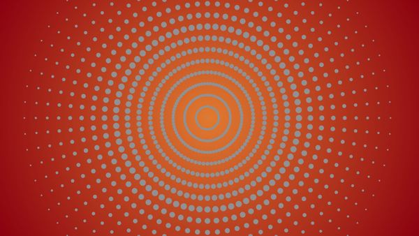 Starburst of dotted rings over a vignette with an orange center and brick red edges.