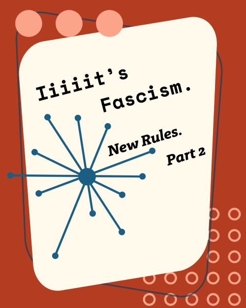 Retro, mid-century modern design graphic features a beige, rounded rectangle with text "Iiiiit's Fascism. New Rules. Part 2" in a typewriter-style.