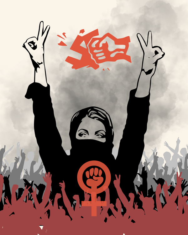 A woman with a covered face raises her arms in victory signs, surrounded by a crowd and symbols of female empowerment.