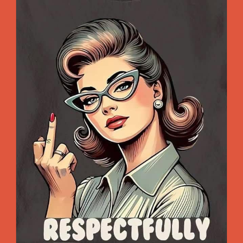 Woman a pompadour and cat-eye glasses flips the bird.