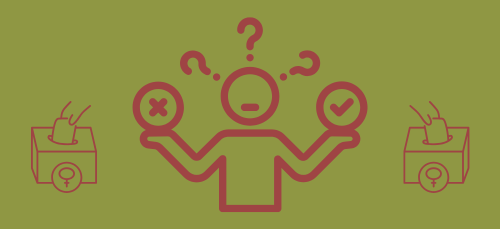 Line drawing of a person with question marks over their head indicating a choice to be made flanked by two ballot boxes with the woman symbol on them. 