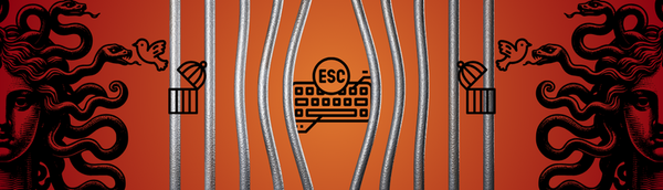 Red and orange image of broken prison bars revealing an escape key and a keyboard.