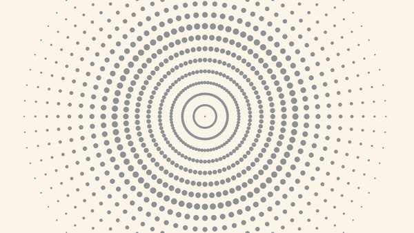 Concentric circles increasing in size toward the center, composed of dots of dark gray on a bone colored background.