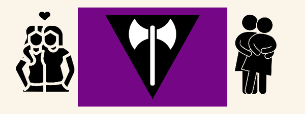 The lesbian flag with purple background, black triangle pointing down, and white labrys flanked by two minimalist figures of women embracing.