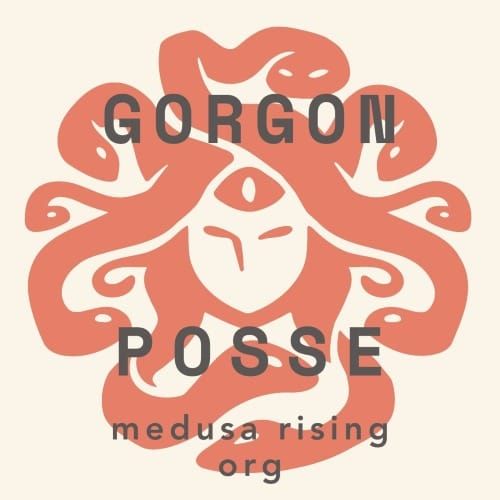 Clip art of Medusa in coral red with snakes all around her face with Gorgon Posse medsua rising org in dark gray all on a bone colored background
