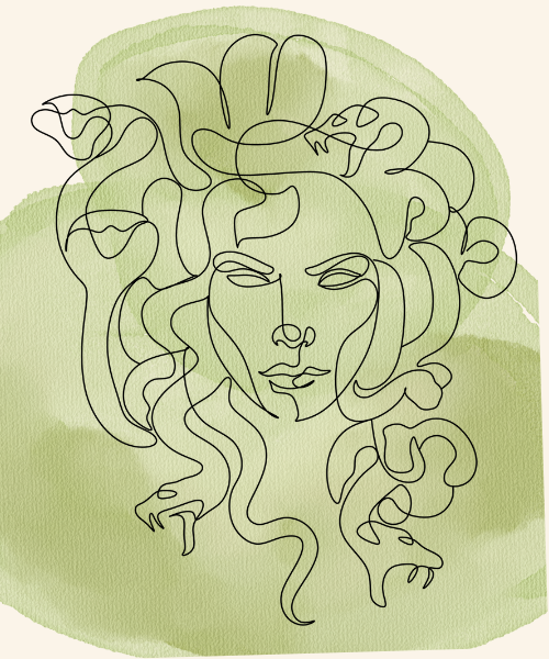 Line drawing of abstract Medusa looking at the viewer on a moss green watercolor style background