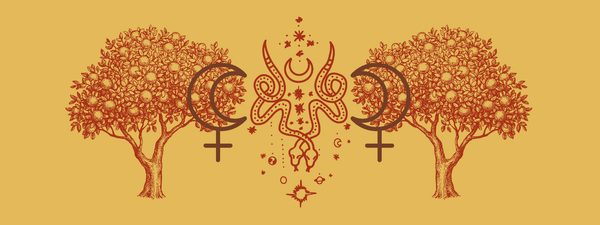 A symmetrical illustration with trees, moons, and a central serpent