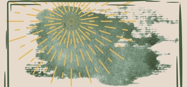abstract yellow lines represent dandelions on a gray-green water color style wash of color