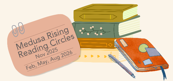 Clip art of a stack of books, a journal and pen, and a sticky note announcing the dates of the Reading Circles.
