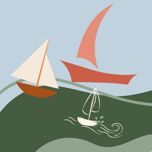 Three sailboats on the sea, traveling from right to left.