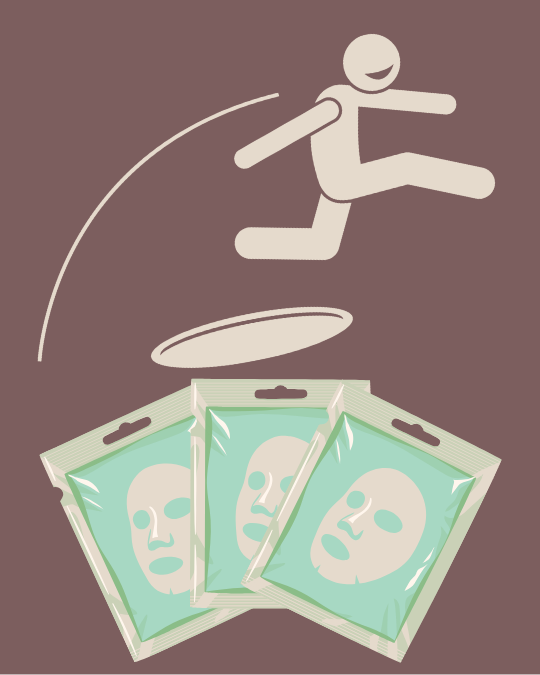 A smiling figure jumps over a hole full of collagen face masks.