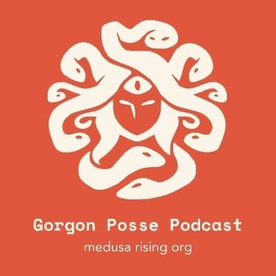 Gorgon Posse Podcast logo, Medusa in a cloud of snakes with a third eye.