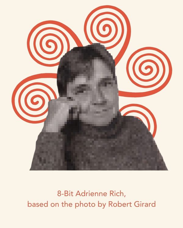 Portrait of poet Adrienne Rich in 1995 edited to appear in the 8-bit style of early digital graphics