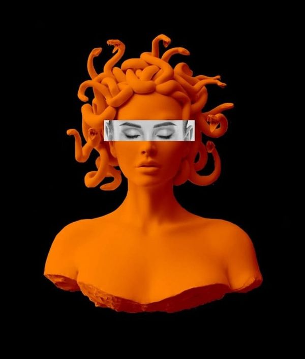 Image of Medusa in bust, in a orange-red color all over, and a black and which highlight bar of her eyes where an identity redaction might be
