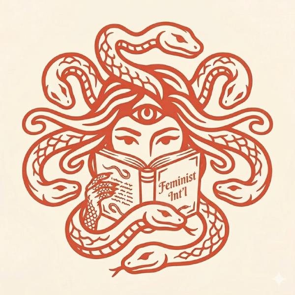 Woodcut style image of Medusa reading a book titled Feminist International