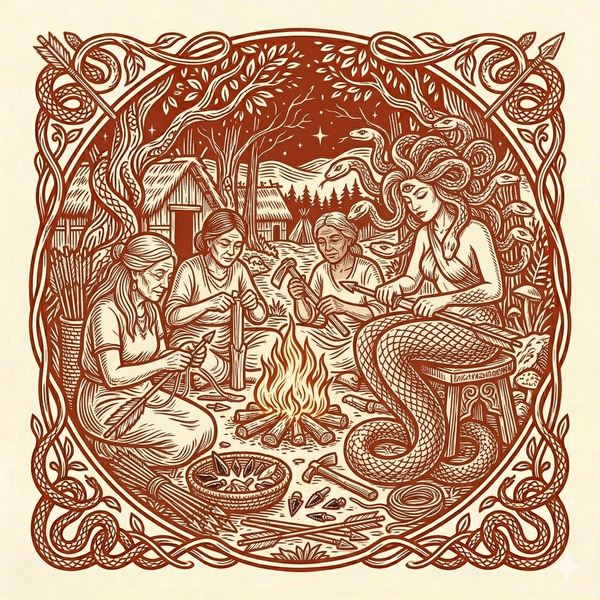 Medusa and the Tripple Goddess sit around a fire making arrows.