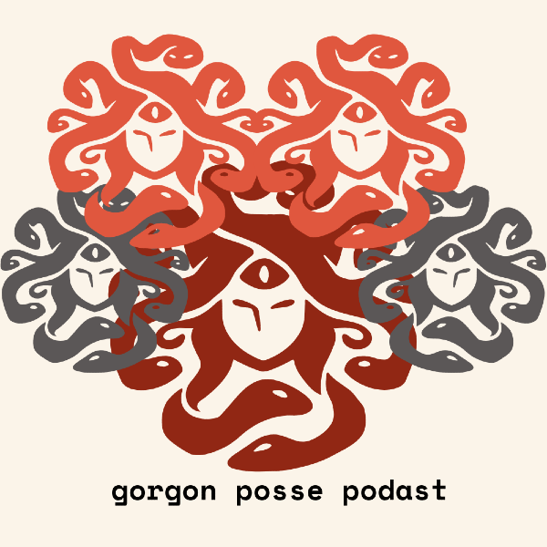 Gorgon Posse Podcast logo, abstract Medusa with third eye, available as a tshirt at https://medusa-rising-shop.fourthwall.com/