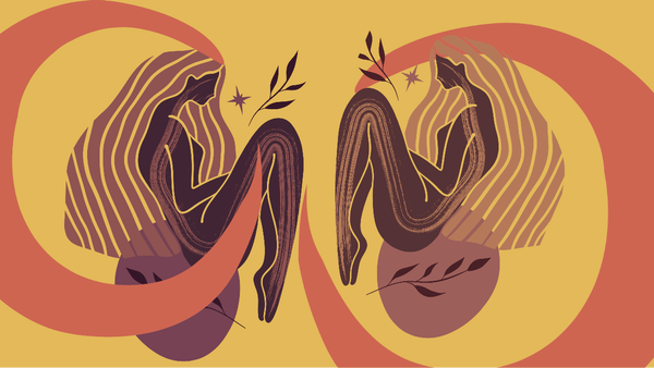 Abstract art of two mirrored women sitting facing each other in warm earth tones.