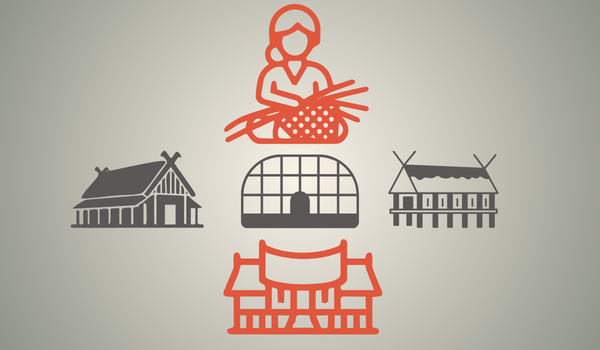 four styles of longhouse in gray and coral-red.