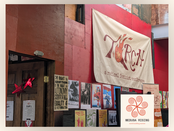 A TORCH radical feminist conference banner and activist posters on a red wooden wall.