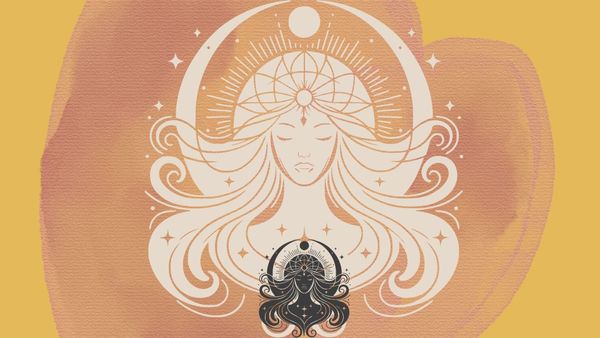 Celestial woman with a bright halo above a miniature, dark shadow version of herself.