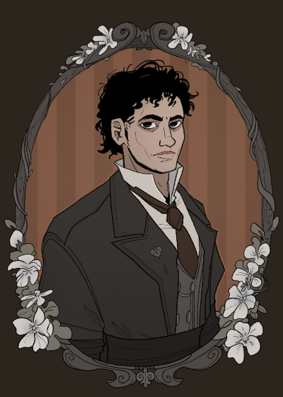 An oval portrait with a brown background with striped wallpaper in two tones of brown. The portrait features a man at an angle with dark curly hair and dark eyes in a three piece suit. He has a sullen look on his face. 